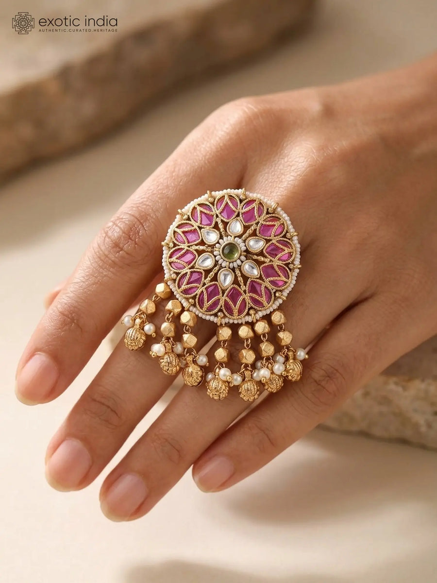Kashmiri Floral Mandala Brass Ring with Ghungroo Drop