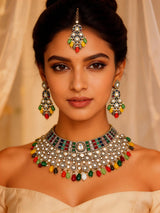Multicolour Polki Bridal Choker Necklace Set with Maang Tikka