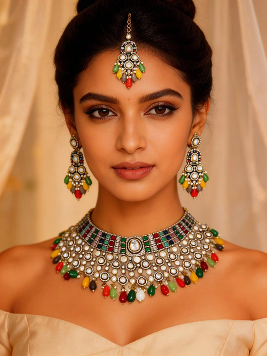 Multicolour Polki Bridal Choker Necklace Set with Maang Tikka