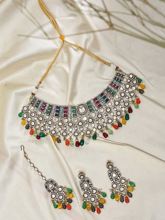 Multicolour Polki Bridal Choker Necklace Set with Maang Tikka