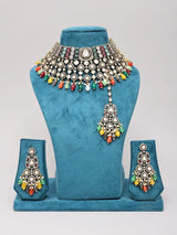 Multicolour Polki Bridal Choker Necklace Set with Maang Tikka
