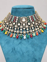 Multicolour Polki Bridal Choker Necklace Set with Maang Tikka