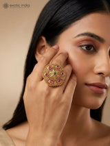 Mandala Kundan Ring with Red and Green Stones in Brass