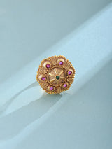 Mandala Kundan Ring with Red and Green Stones in Brass