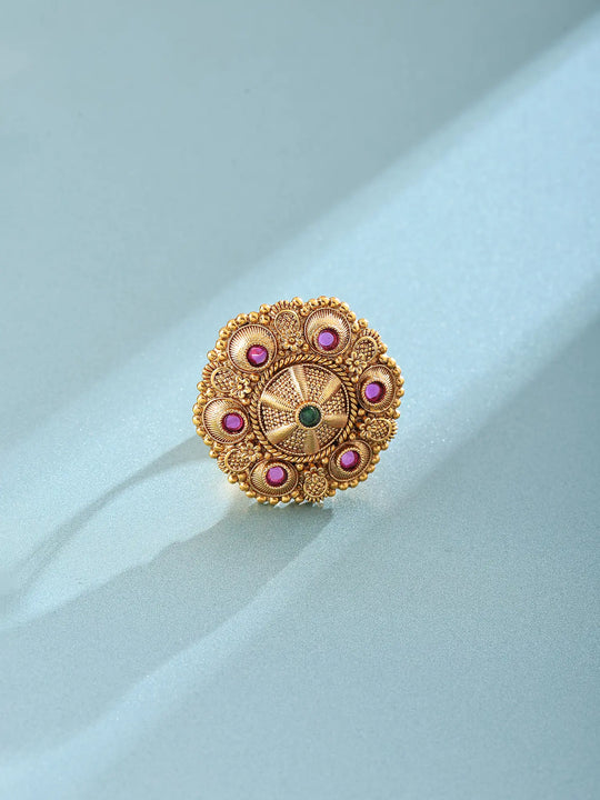 Mandala Kundan Ring with Red and Green Stones in Brass