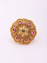 Mandala Kundan Ring with Red and Green Stones in Brass