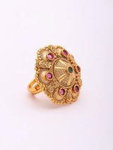 Mandala Kundan Ring with Red and Green Stones in Brass