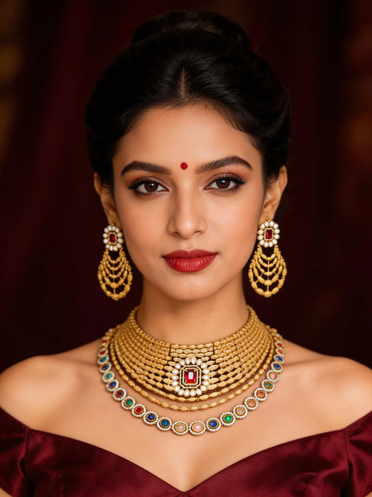 Multicolour Kundan Layered Choker Necklace Set with Earrings