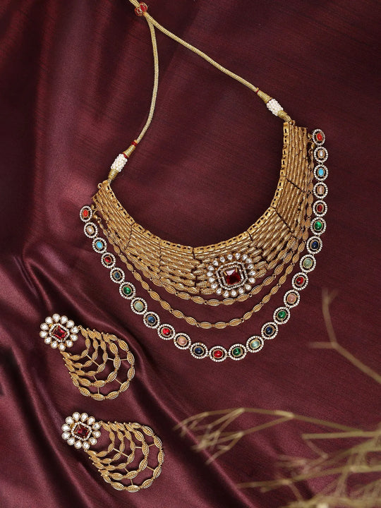 Multicolour Kundan Layered Choker Necklace Set with Earrings
