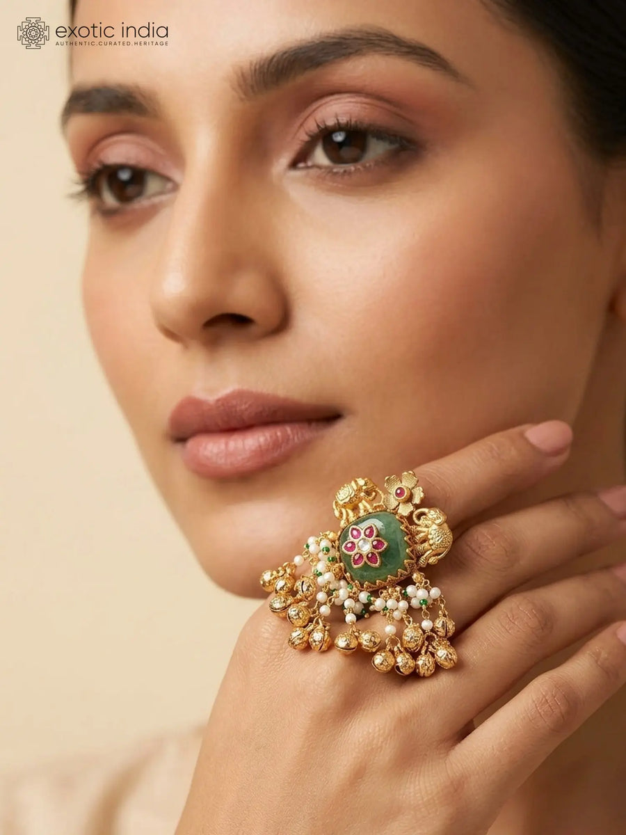 Kundan Green Stone Ring with Ghungroo Bead Drops
