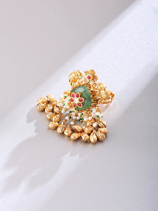 Kundan Green Stone Ring with Ghungroo Bead Drops
