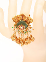 Kundan Green Stone Ring with Ghungroo Bead Drops