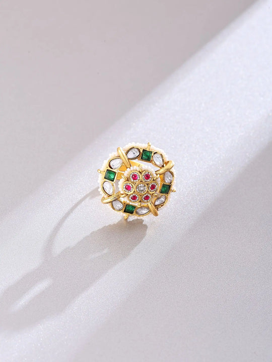 Polki Floral Brass Adjustable Ring with Beaded Border