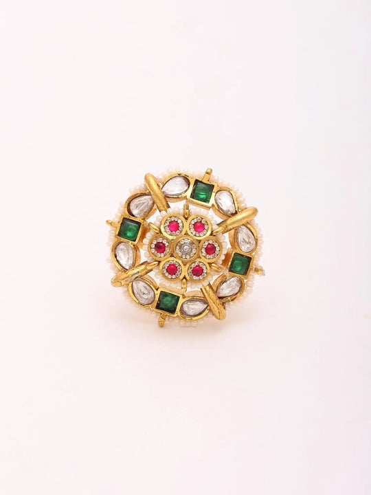 Polki Floral Brass Adjustable Ring with Beaded Border