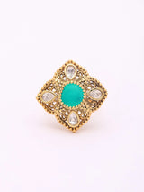 Polki Stone Matte Finish Green and Red Brass Ring