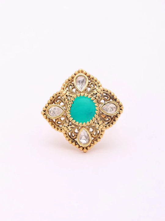 Polki Stone Matte Finish Green and Red Brass Ring