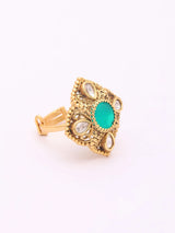 Polki Stone Matte Finish Green and Red Brass Ring
