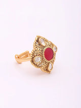 Polki Stone Matte Finish Green and Red Brass Ring
