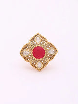 Polki Stone Matte Finish Green and Red Brass Ring