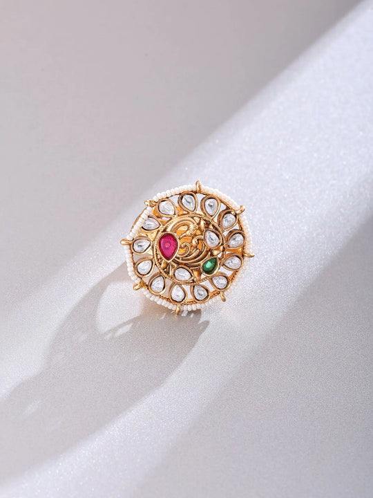 Circular Peacock Polki Studded Brass Adjustable Ring