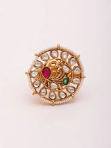 Circular Peacock Polki Studded Brass Adjustable Ring