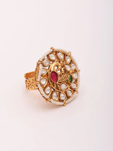Circular Peacock Polki Studded Brass Adjustable Ring