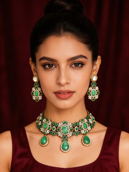 Emerald Green Kundan Necklace Set with Earrings in Brass