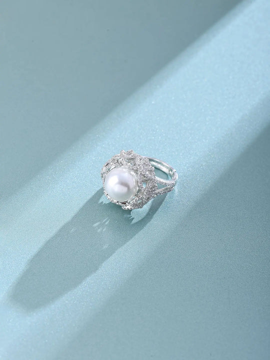 Pearl and American Diamond Adjustable Brass Ring