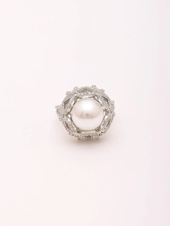 Pearl and American Diamond Adjustable Brass Ring