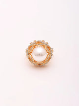 Pearl and American Diamond Adjustable Brass Ring