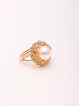 Pearl and American Diamond Adjustable Brass Ring