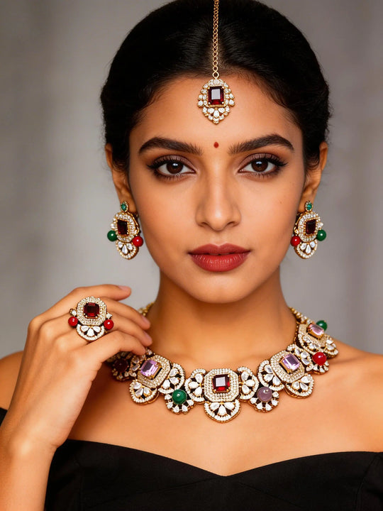 Floral Multicolour Stone Brass Necklace Set with Earrings and Maang Tikka
