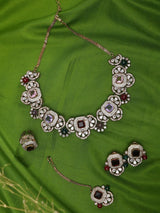Floral Multicolour Stone Brass Necklace Set with Earrings and Maang Tikka