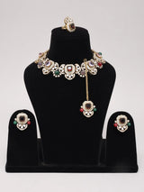 Floral Multicolour Stone Brass Necklace Set with Earrings and Maang Tikka