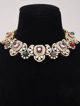 Floral Multicolour Stone Brass Necklace Set with Earrings and Maang Tikka