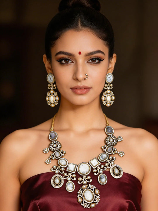 Geometric Tie-Dye Stone Kundan Necklace Set with Earrings