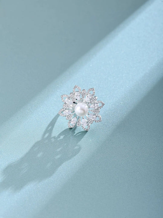Floral Pearl Studded Adjustable Brass Silver Ring