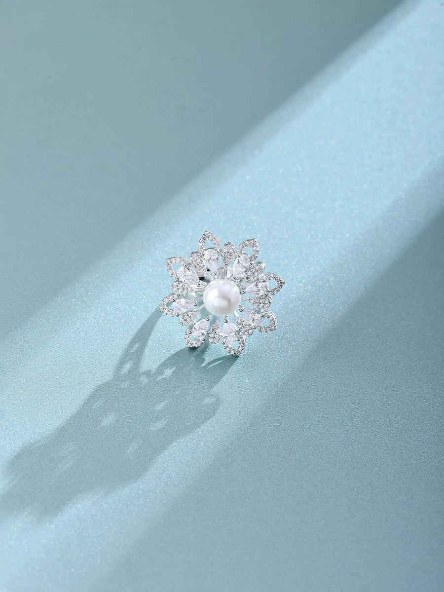 Floral Pearl Studded Adjustable Brass Silver Ring