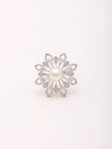 Floral Pearl Studded Adjustable Brass Silver Ring