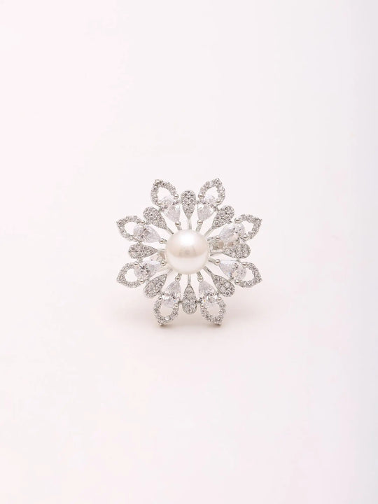 Floral Pearl Studded Adjustable Brass Silver Ring