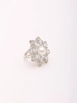 Floral Pearl Studded Adjustable Brass Silver Ring
