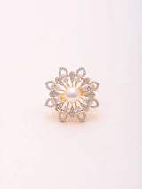 Floral Pearl Studded Adjustable Brass Silver Ring