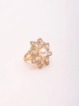 Floral Pearl Studded Adjustable Brass Silver Ring