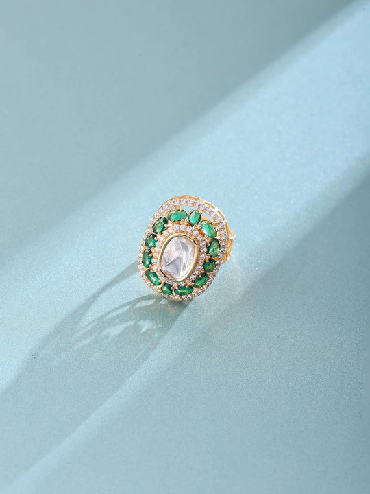 Pink Kundan Oval Stone Studded Adjustable Brass Ring