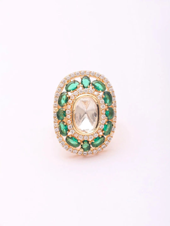 Pink Kundan Oval Stone Studded Adjustable Brass Ring