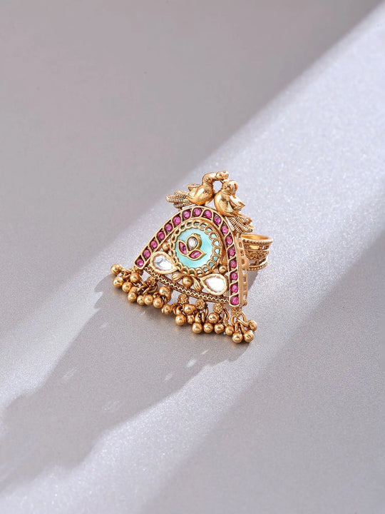 Twin Bird Kundan Brass Ring with Bead Drops