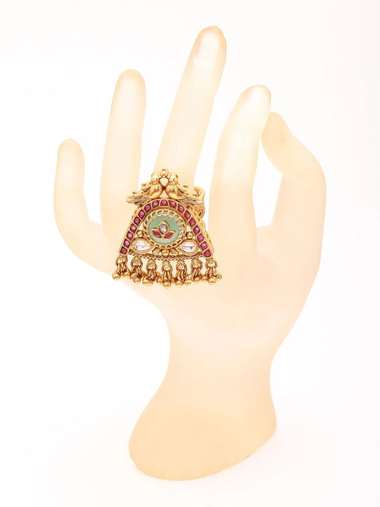 Twin Bird Kundan Brass Ring with Bead Drops
