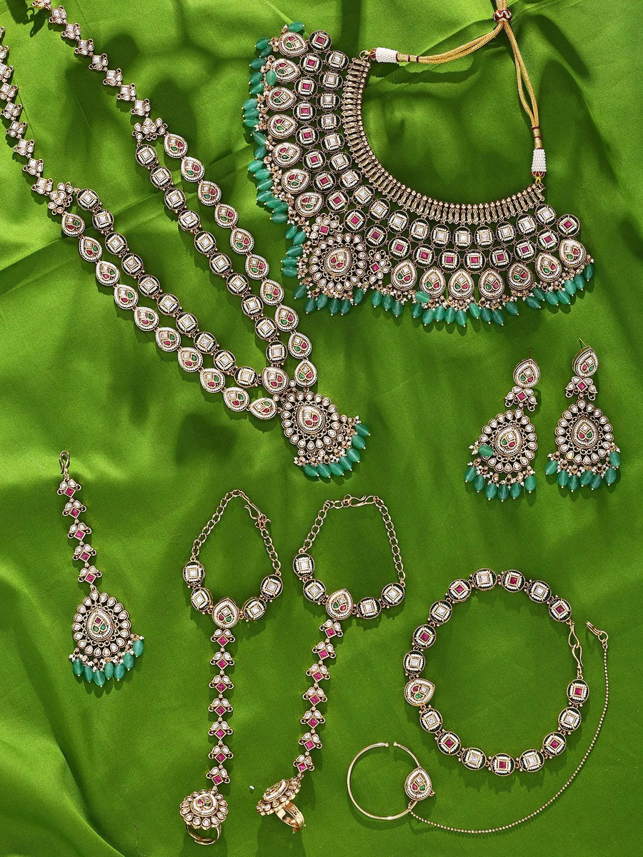 Green Bead Teardrop Bridal Set with Haathphool and Nath