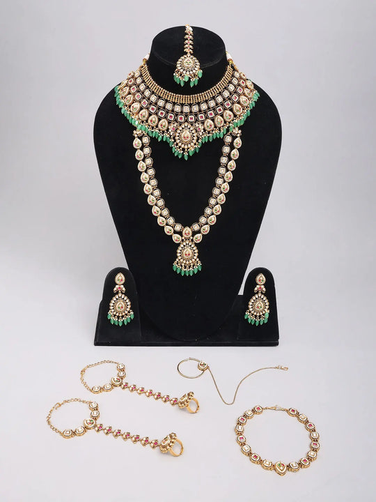 Green Bead Teardrop Bridal Set with Haathphool and Nath