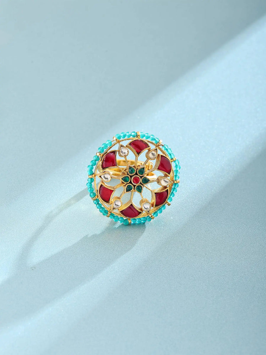 Floral Polki and Pearl Cluster Adjustable Brass Ring